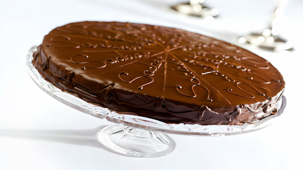 Tarta Sacher recién horneada en un plato, con una cobertura de chocolate brillante y uniforme